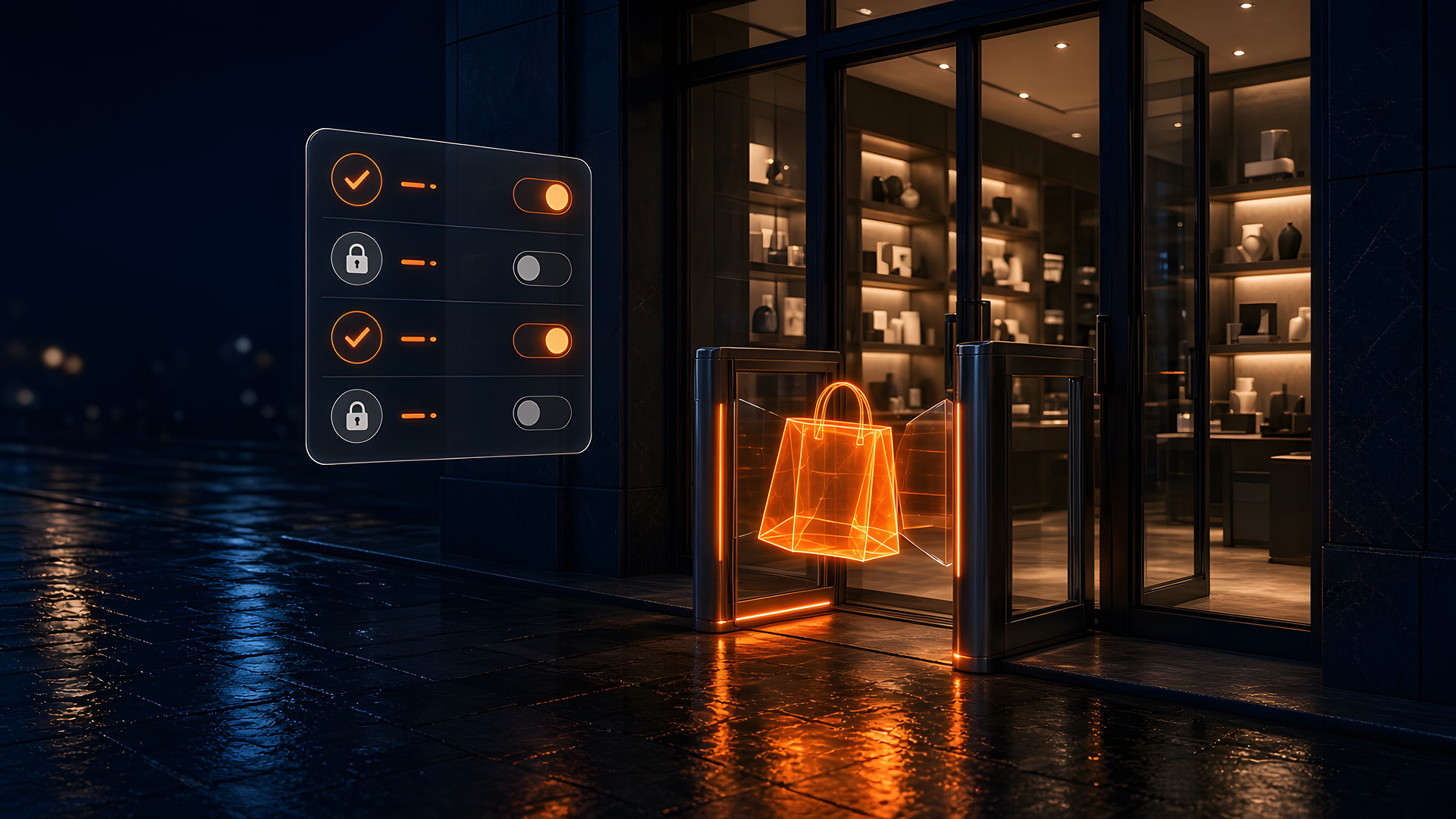 Entrada de una tienda de noche con un torniquete de vidrio entreabierto y luz naranja, una bolsa de compras hecha de luz que cruza sola y un panel translúcido con interruptores de permisos encendidos y apagados