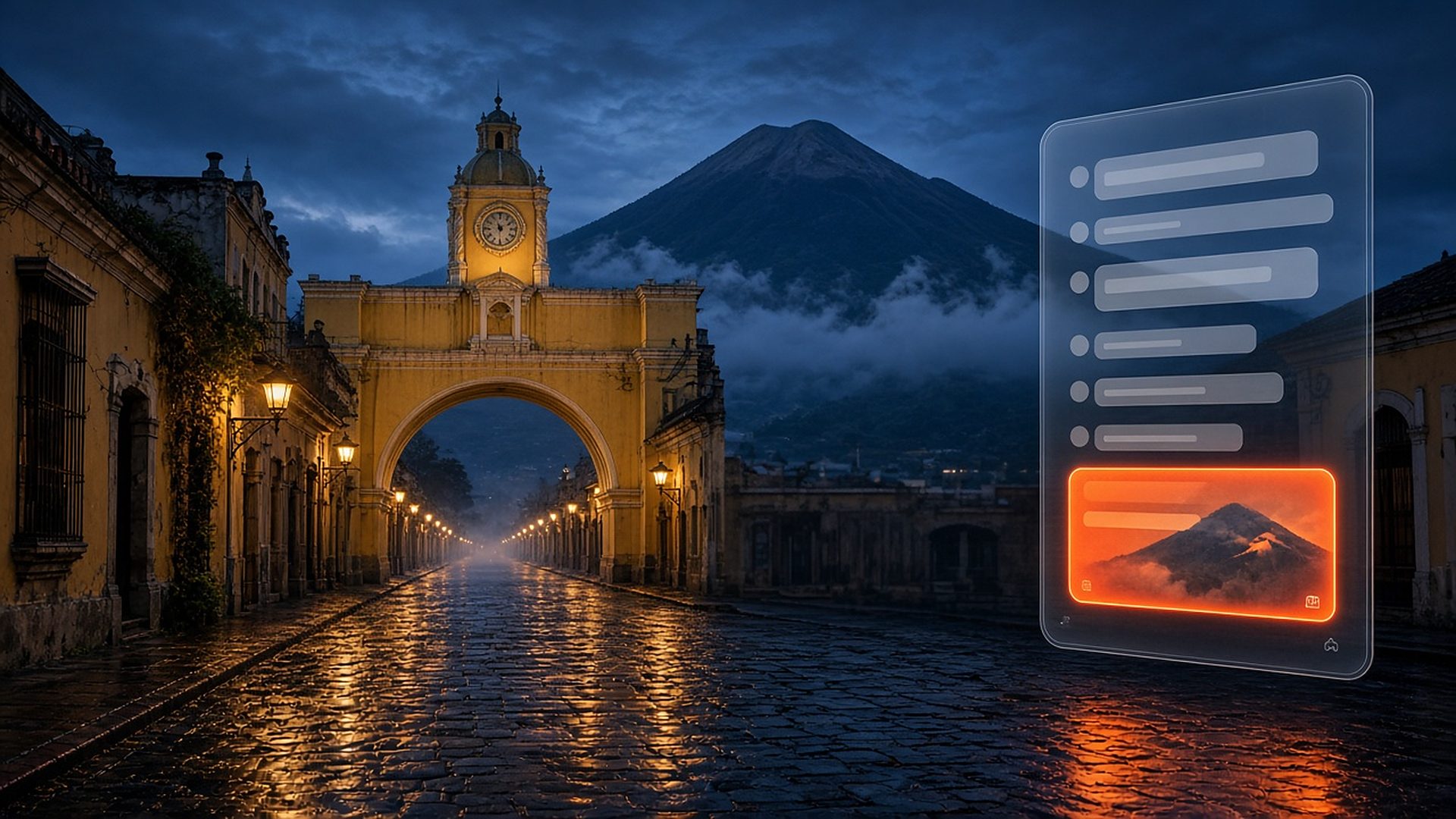 Arco de Santa Catalina y Volcán de Agua al anochecer en Antigua Guatemala, con una interfaz de chat translúcida y una tarjeta de anuncio en naranja