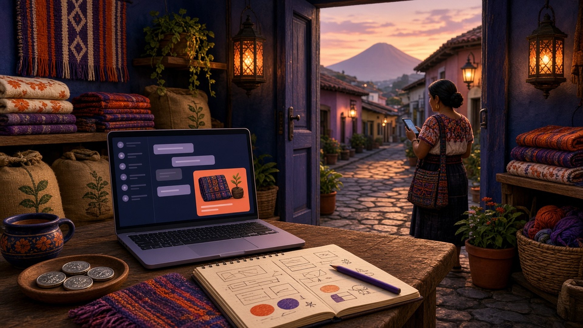 Taller de un negocio guatemalteco con textiles tejidos y sacos de café, una laptop con un chat y una tarjeta de anuncio naranja, monedas y un cuaderno de planificación, y una clienta con su teléfono en una calle empedrada con un volcán al fondo