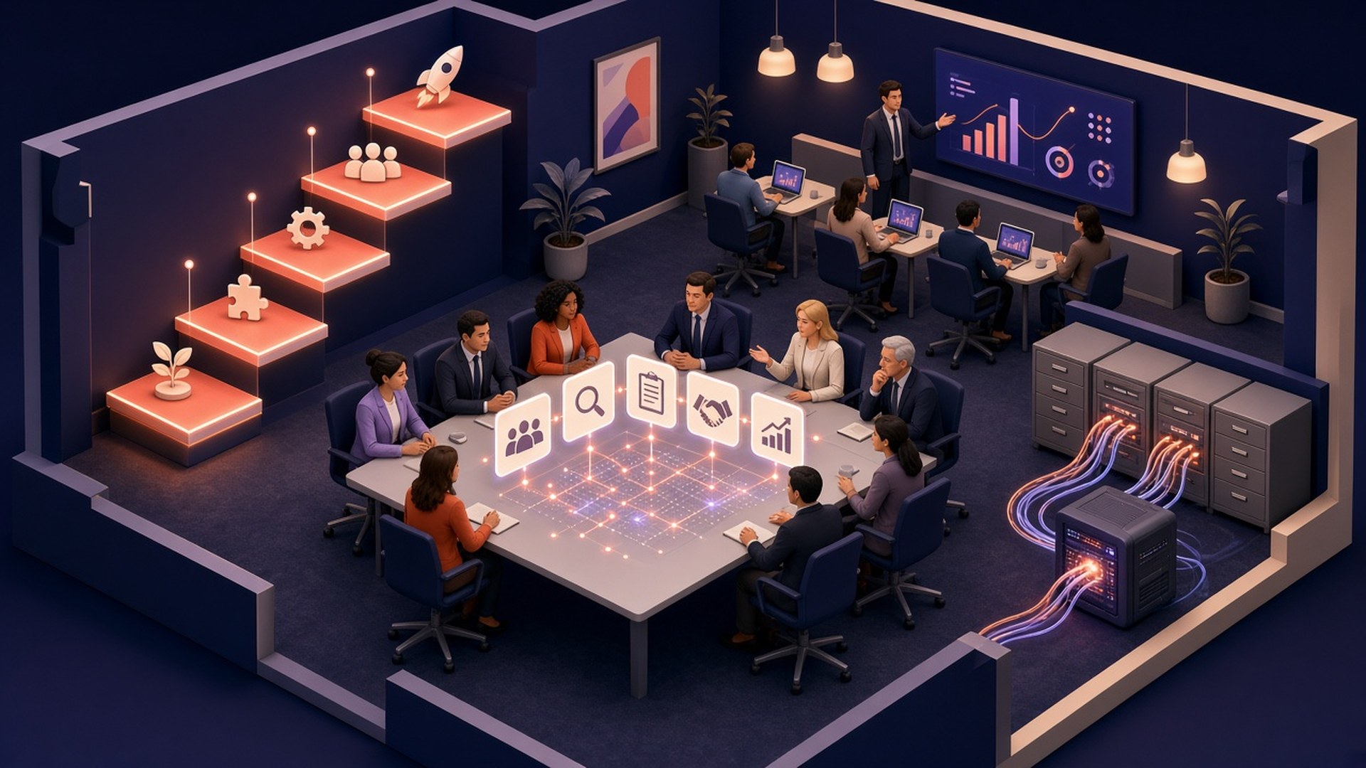 Sala de reuniones en corte isométrico con dos equipos alrededor de una mesa que proyecta un embudo de tarjetas, una escalera de cinco plataformas naranjas en la pared, vendedores en capacitación y cables que llevan datos de archivadores viejos a un servidor