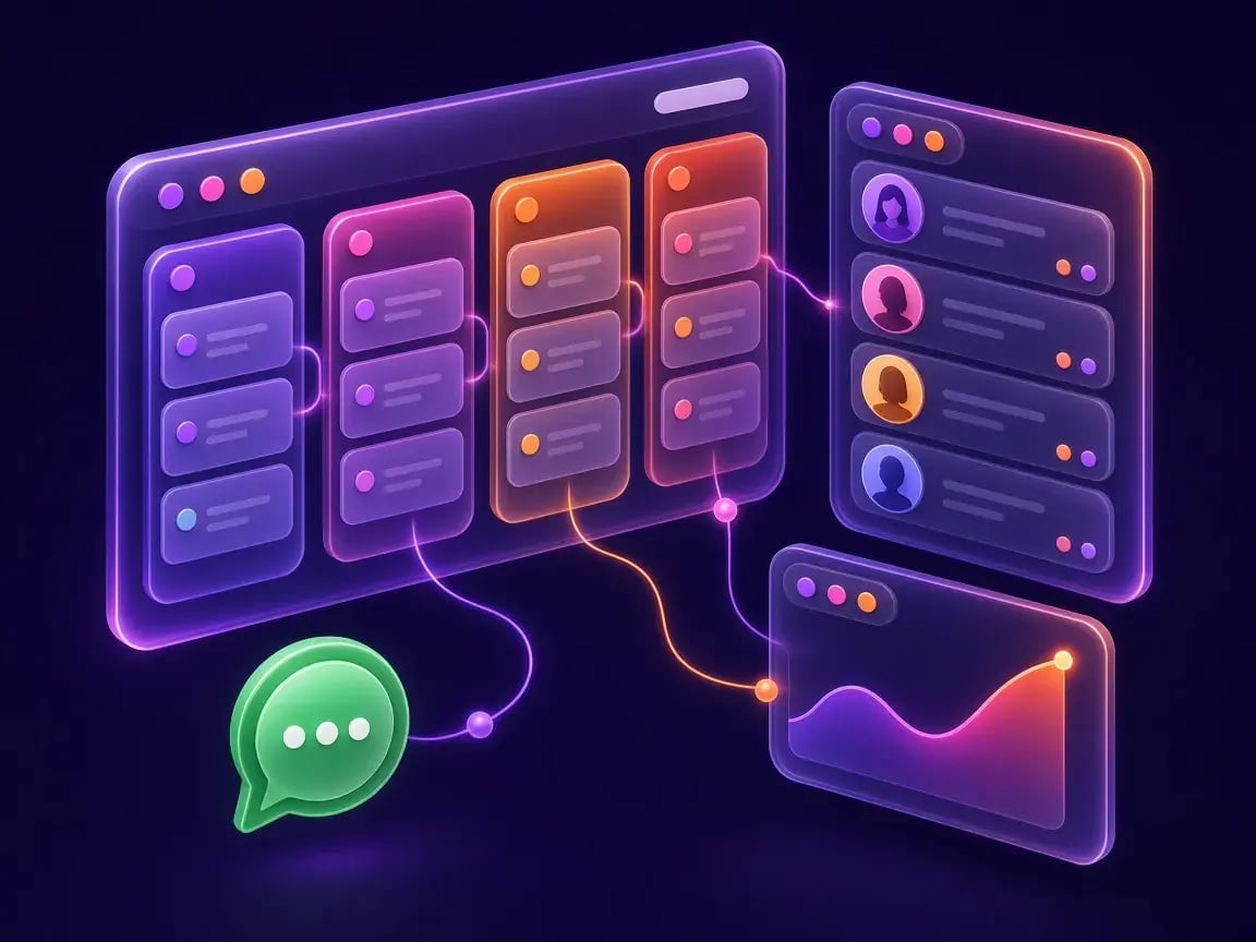 Ilustración de un CRM con pipeline de ventas, contactos, conversaciones de WhatsApp y reportes conectados por automatizaciones