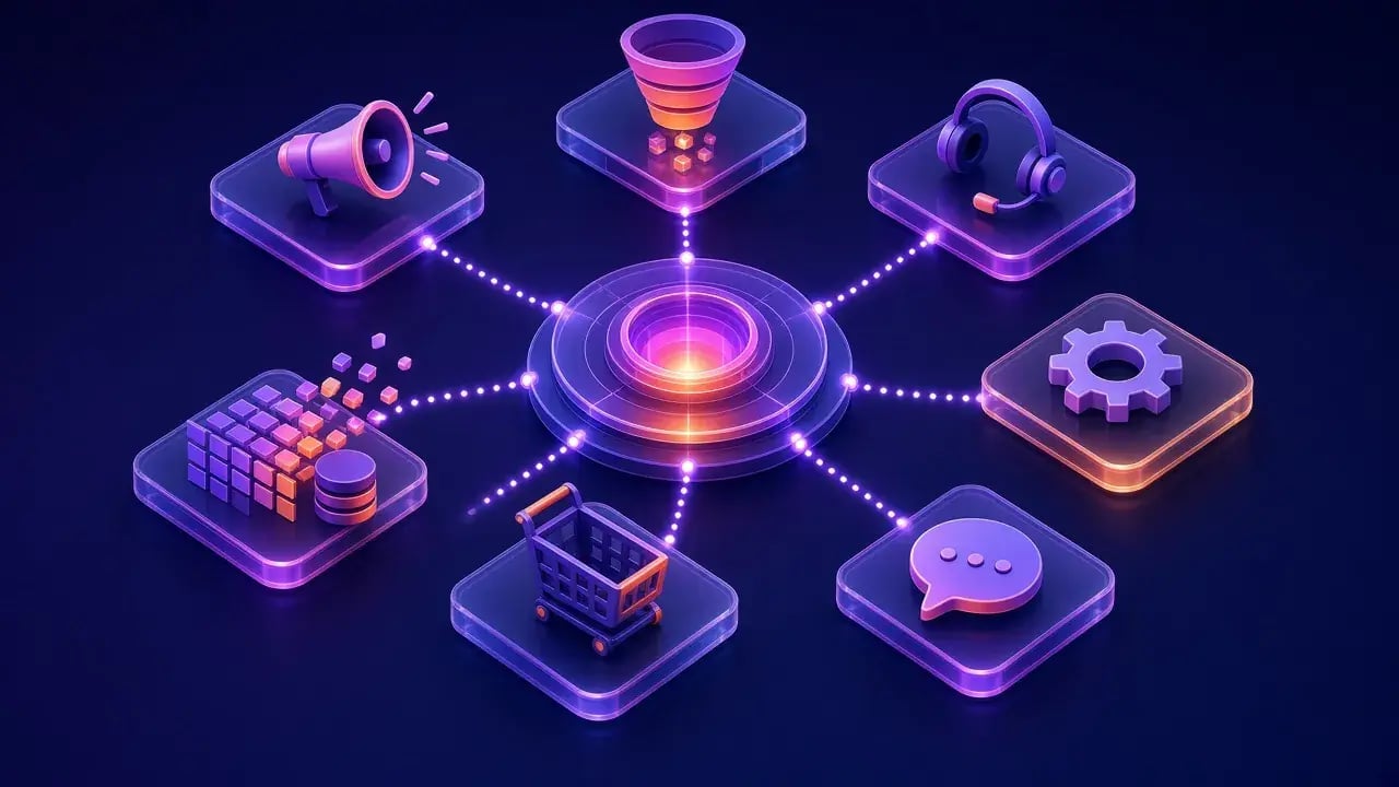 Ilustración de módulos de marketing, ventas, servicio, migración de datos, e-commerce, chat y automatización conectados a un CRM central