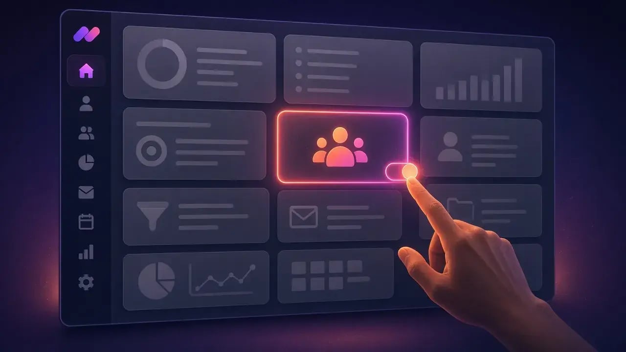 Ilustración de un portal de CRM con la mayoría de funciones apagadas y una que se enciende