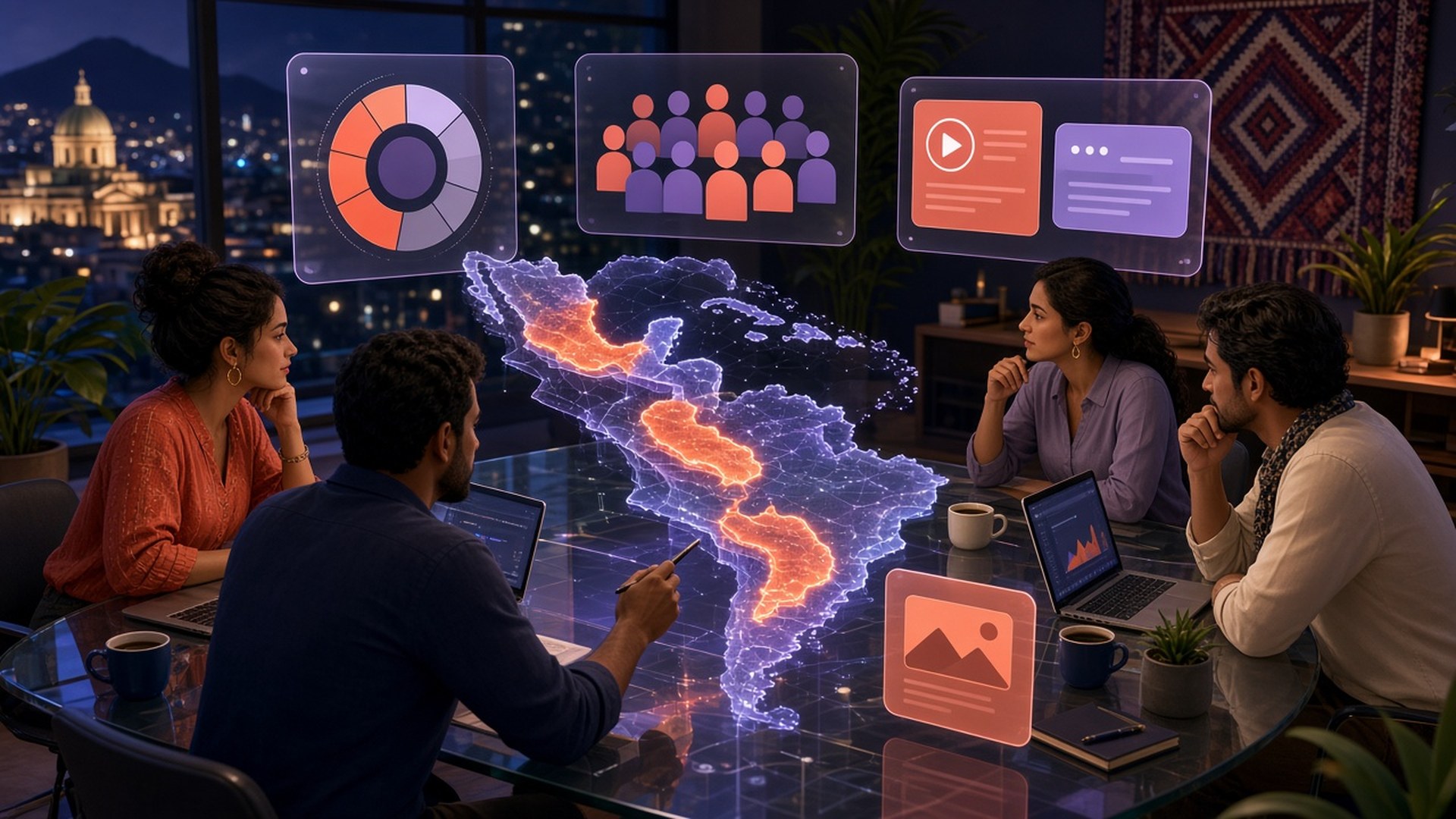 Equipo de marketing de noche alrededor de una mesa de cristal que proyecta un mapa holográfico de la región con países iluminados en naranja, paneles flotantes con un control de presupuesto, siluetas de audiencia y un anuncio debajo de una respuesta