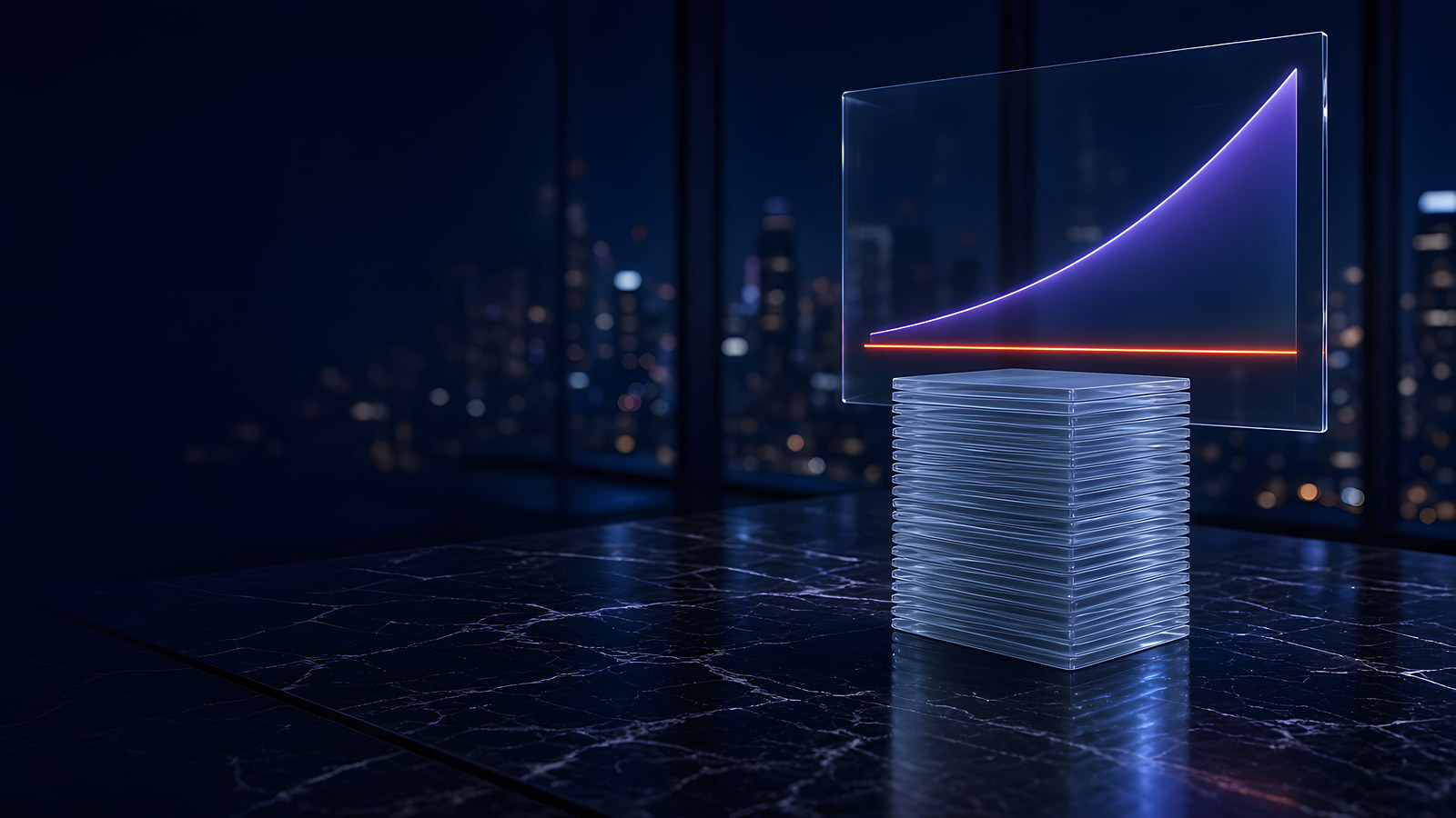 Panel de cristal sobre una mesa de mármol oscuro de noche: una curva morada de inversión que sube con fuerza y una línea naranja de resultado que se queda plana, sobre una pila de tarjetas translúcidas