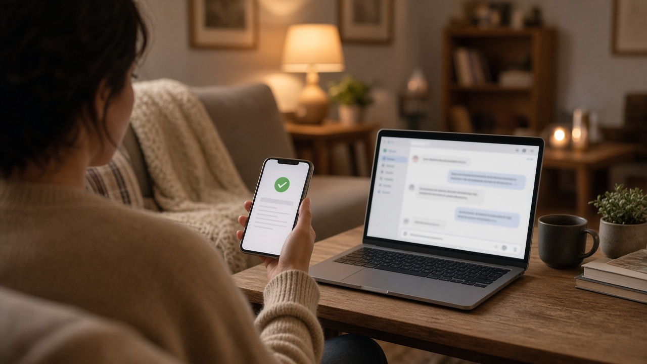 Persona revisa en su teléfono la confirmación de una compra mientras una laptop muestra un chat con un asistente