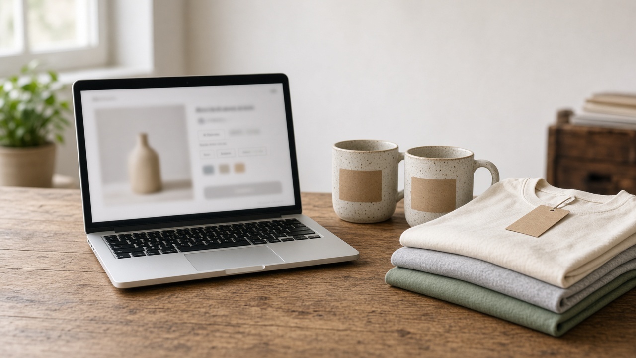 Escritorio de un comerciante con una ficha de producto en la laptop y productos etiquetados al lado